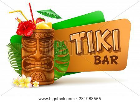 Refreshing Tropical Cold Tiki Drink Cocktail. Tiki Bar Label. Vector Illustration. Isolated On White