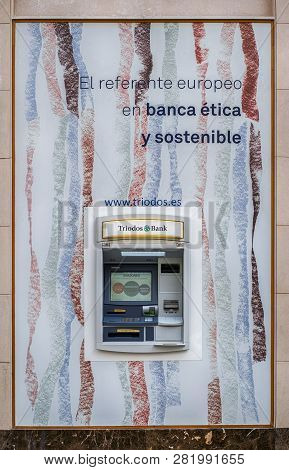 Malaga, Spain - March 23, 2018. Automatic Teller Machine (atm) For Cash Withdrawal At A Triodos Bank
