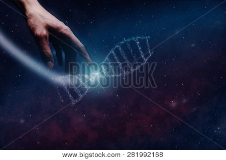 Close Up Of Man Touching Dna Molecule And Nebula Dust. Mixed Media.