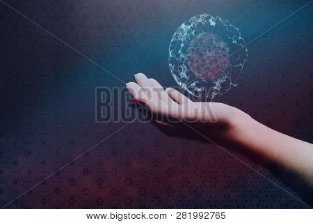 Human Hand Holding Glass Bottle With Cell Dividing. Mixed Media.