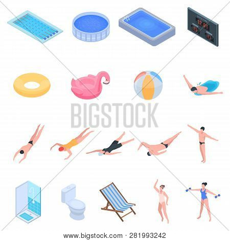 Pool Equipment Icons Set. Isometric Set Of Pool Equipment Vector Icons For Web Design Isolated On Wh