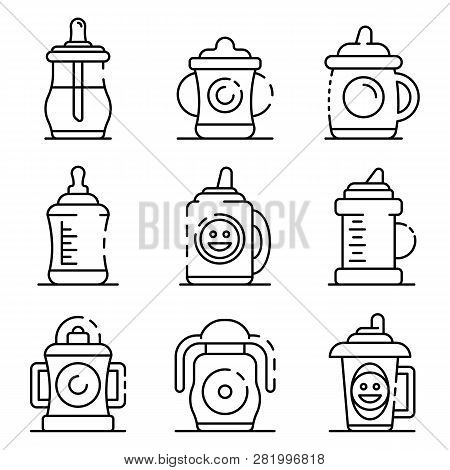 Sippy Cup Icons Set. Outline Set Of Sippy Cup Vector Icons For Web Design Isolated On White Backgrou