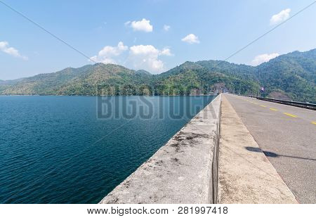 Beautiful Blue Sky View Of Vajiralongkorn Dam At Kanchanaburi, Thailand