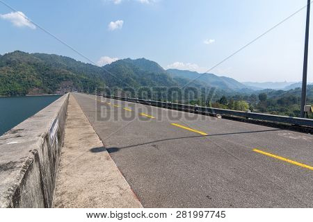 Beautiful Blue Sky View Of Vajiralongkorn Dam At Kanchanaburi, Thailand
