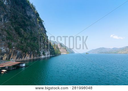 Beautiful Blue Sky View Of Vajiralongkorn Dam At Kanchanaburi, Thailand