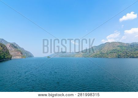 Beautiful Blue Sky View Of Vajiralongkorn Dam At Kanchanaburi, Thailand