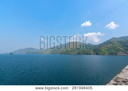 Beautiful Blue Sky View Of Vajiralongkorn Dam At Kanchanaburi, Thailand