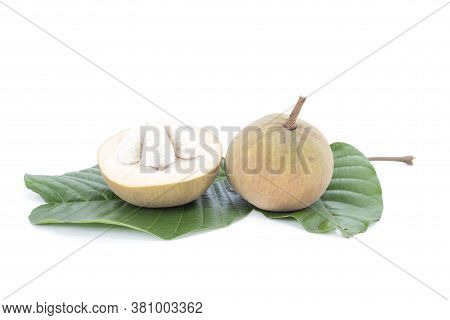 Whole And Half Cut Ripe Santol Or Sentul Fruit (sandoricum Koetjape) With Leaf Isolated On White Bac