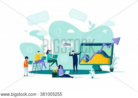 Business Training Concept In Flat Style. Businessman Making Presentation With Charts To His Colleagu