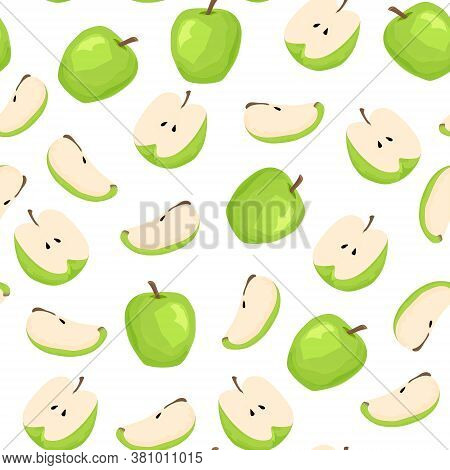 Seamless Pattern Of Green Apples On A White Background. Whole Apple, Half Apple And Apple Slice. Fru