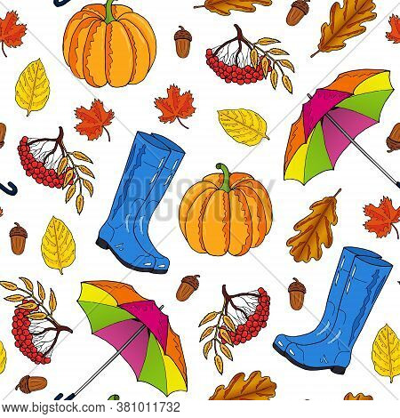 Seamless Pattern From Blue Rubber Boots, Colorful Umbrella And Red Maple Leaves On A White Backgroun