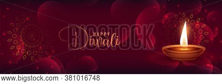 Beautiful Shiny Diwali Banner With Featival Diya Vector Design Illustration