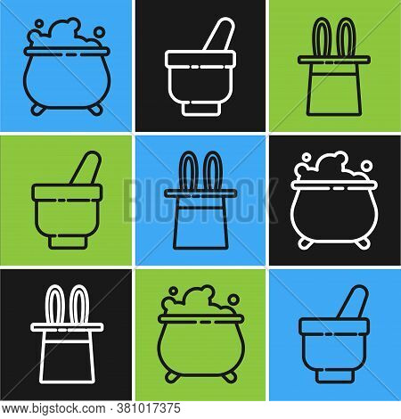 Set Line Witch Cauldron, Magician Hat And Rabbit Ears And Magic Mortar And Pestle Icon. Vector