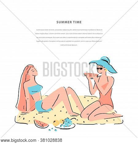Summer Time Vector Template. Two Girls In A Swimsuit. Flat  Hand Drawn Composition With Women And Fr