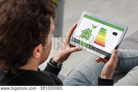 Energy Efficiency Mobile App On Screen. Ecology, Eco House Concept