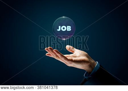 Catch Chance Of Dream Job Concept. Hand With Soap Bubble (symbol Of Dream) With Text Job Inside. Cri