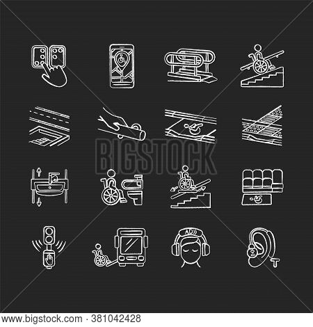 Accessibility Facilities Chalk White Icons Set On Black Background. Handrails And Stair Lift. Adjust