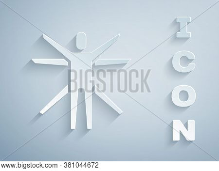 Paper Cut Vitruvian Man By Leonardo Da Vinci Icon Isolated On Grey Background. Human Anatomy. Paper 