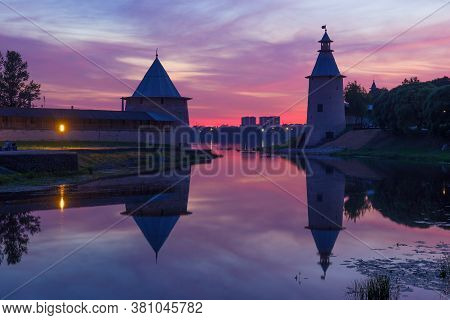 Late July Sunset On The Pskova River. Pskov, Russia