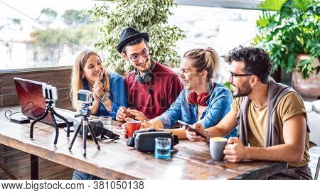 Digital Native Friends Sharing Feed On Streaming Platform With Phone And Web Cam - Content Marketing