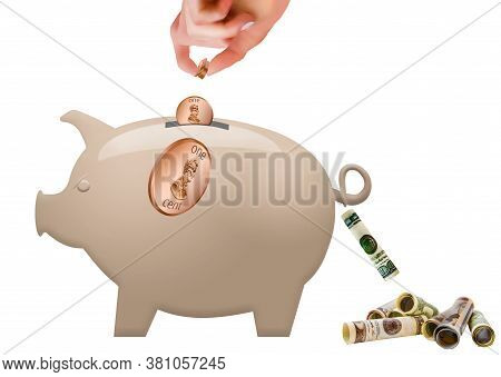 A Hand Reches To Put Pennies Into A Ceramic Piggy Bank As The Swine Has Dollar Bills Coming Out Of H