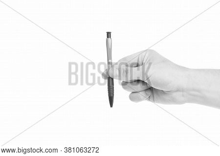 Write Down. Souvenir Concept. Hand Writing And Calligraphy. Writing Pen In Male Hand. Ballpoint Pen 