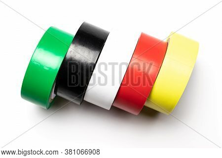 Adhesive Sticky Paper. Set Of Colorful Duct Scotch Tape Isolated On White Background. Torn Strip Gru