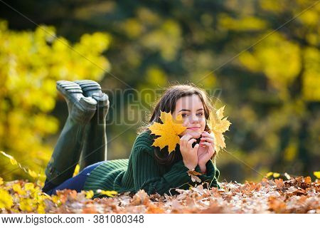 Teen In The Autumn Park. Smiling Young Girl Lying On Autumn Maple Leaves At Fall Outdoors. Portrait 