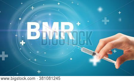 Syringe needle with virus vaccine and BMR abbreviation, antidote concept