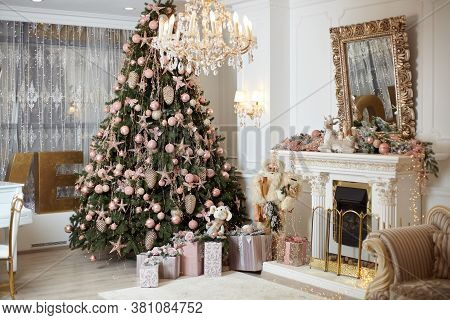 Christmas Tree Standing Living Room Interior Near Fireplace Gift Box Lie On Carpet Near Evergreen Fi