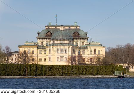 Drottningholm, Sweden - April 21 2019: The View Of Drottningholm Palace Seeing From Water On April 2