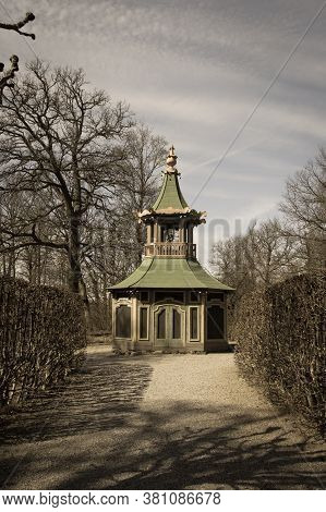 Drottningholm, Sweden - April 21 2019: The View Of The Aviary And Bowers, The Chinese Pavilion At Th