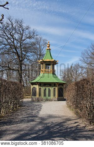 Drottningholm, Sweden - April 21 2019: The View Of The Aviary And Bowers, The Chinese Pavilion At Th