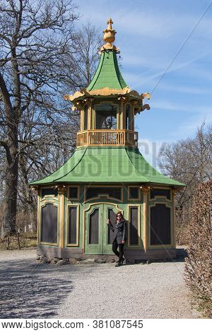 Drottningholm, Sweden - April 21 2019: The View Of The Aviary And Bowers, The Chinese Pavilion At Th