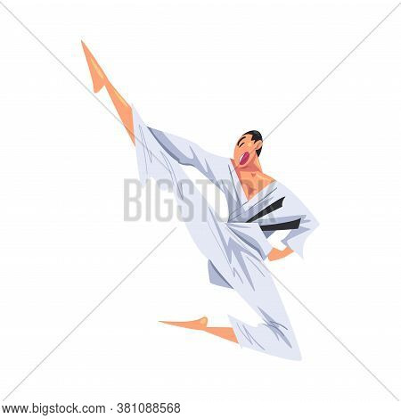 Man Karateka Doing Swing Kick, Male Karate Fighter Character In White Kimono Practicing Traditional 