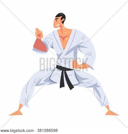 Man Karateka Standing In Fighting Stance, Male Karate Fighter Character In White Kimono Practicing T