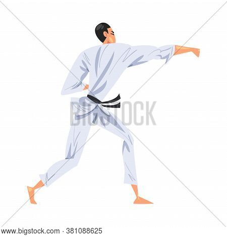 Man Karateka Doing Karate, Male Fighter Character In White Kimono Practicing Traditional Japan Marti