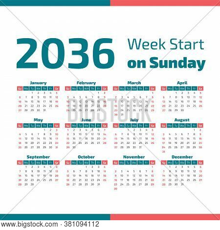 2036 Calendar With The Weeks Start On Sunday