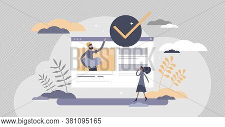 Verified Personality With Confirmation In Social Media Tiny Persons Concept. Correct Validation And 