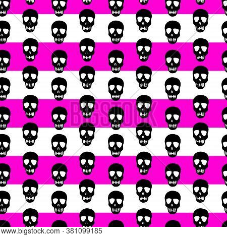 Seamless Skull Pattern On A Pink And White Striped Background. Bright Striped Pattern With Black Sku