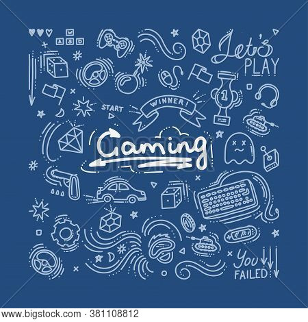 Gaming Doodle Set. Virtual Reality, Computers, Game Genres And Related Objects. Vector Illustration.