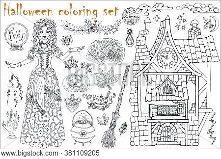 Halloween Coloring Set With Beautiful Witch Girl Whearing Medieval Gipsy Costume, Tarot Cards, Pumpk