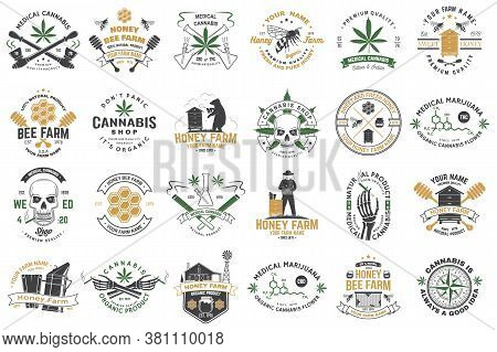 Set Of Honey Bee Farm And Medical Cannabis Shop Badge. Vector Illustration. Concept For Shirt, Print