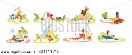 Set Of Different Flexible People Practicing Yoga With Pets At Home Or Outdoor Vector Flat Illustrati