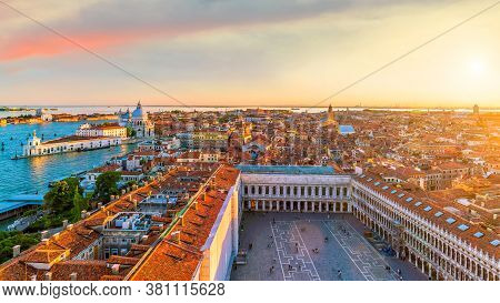 Top View Of Old Town Vanice At Sunset In Italy