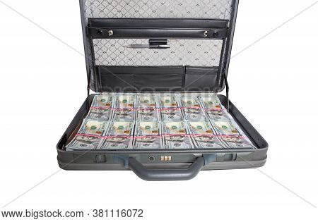 Black Case With Money Dollars On A White Background, Isolate. Market Competitiveness And Investment 