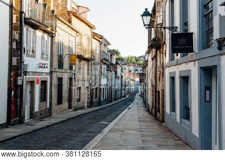 Santiago De Compostela, Spain - July 18, 2020: Street In Historical Centre Of Santiago De Compostela