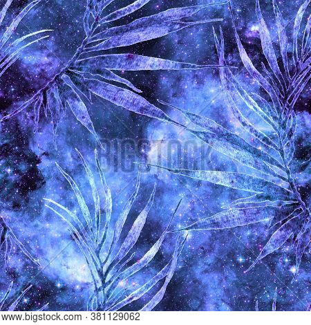 Exotic Seamless Pattern. Blue Galaxy Background. Fashion Hand Drawn Texture. Exotic Seamless Pattern
