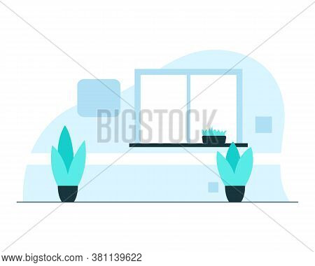 Hospital Corridor Interior. Vector Illustration Of Indoor Hosital Passageway With A Window, Sill Pla