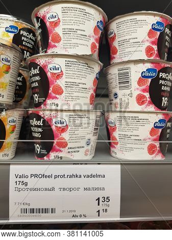 Finland, Lappeenranta 11.05,2019 Valio Yoghurts On Supermarket Shelves
